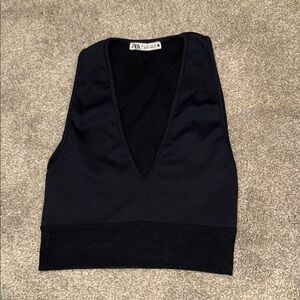 ZARA BLACK DEEP V TANK TOP WITH MESH BOTTOM (SMALL)